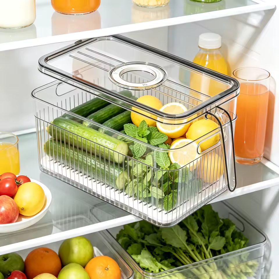 Refrigerator Storage Box with Timer Lid Drain Tray Clear Fridge Organizer Bin with Handle Stackable Food Storage Container