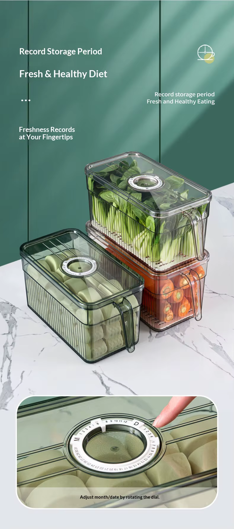BPA-Free Sealed Refrigerator Container, Kitchen Produce Storage Box with Drain Basket & Date Timer, Large Capacity Fresh Keeper