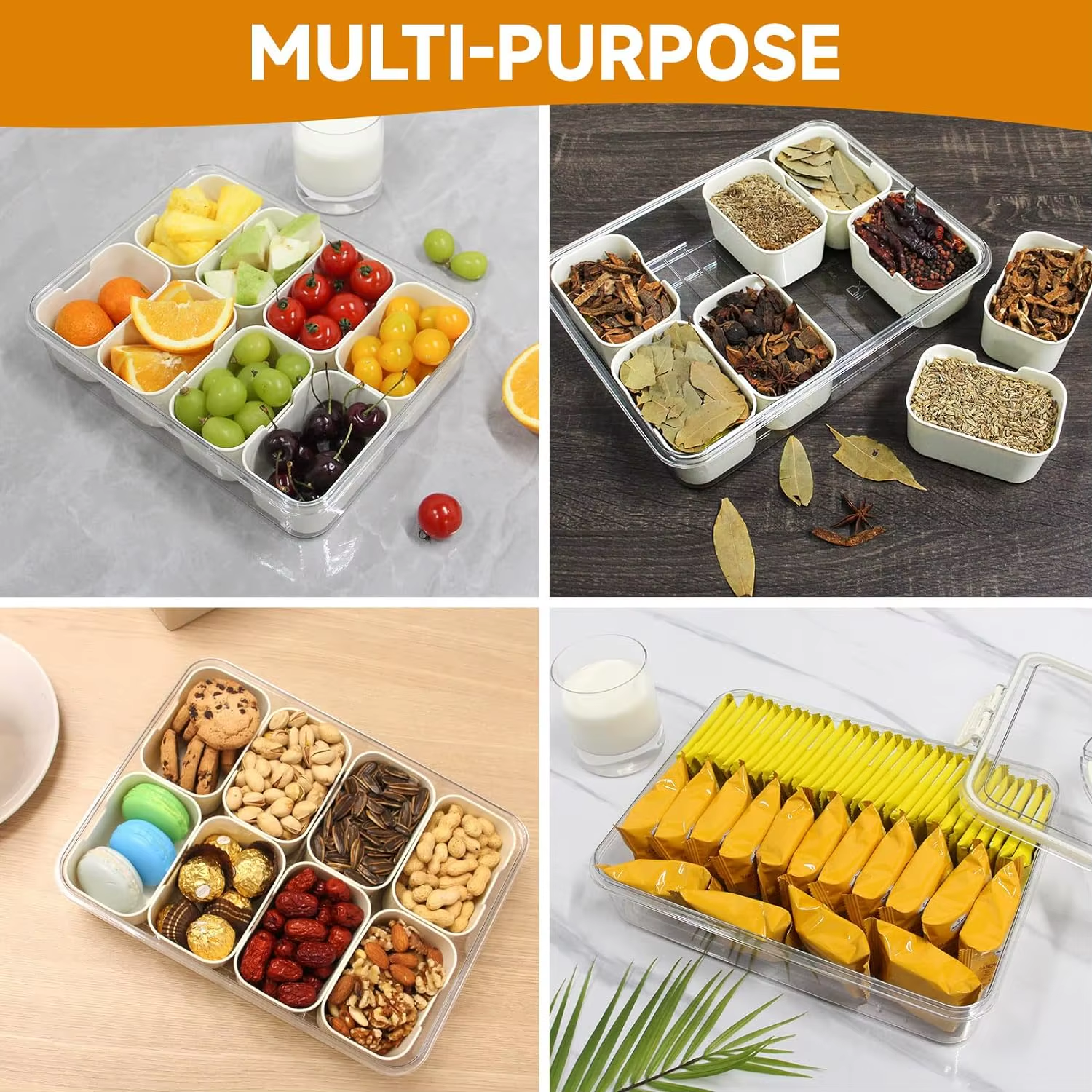 4Grid /8 Grid Snack Box Container, Portable Travel Charcuterie Board with Lid, Refrigerator Food Storage Box, Snack Organizer