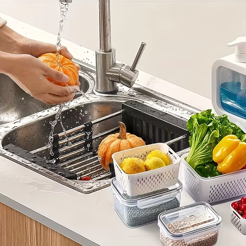 Fridge Food Storage Container Set with Lids with Strainer,Plastic Fresh Produce Saver Vegetable Fruit Meat Storage Organization