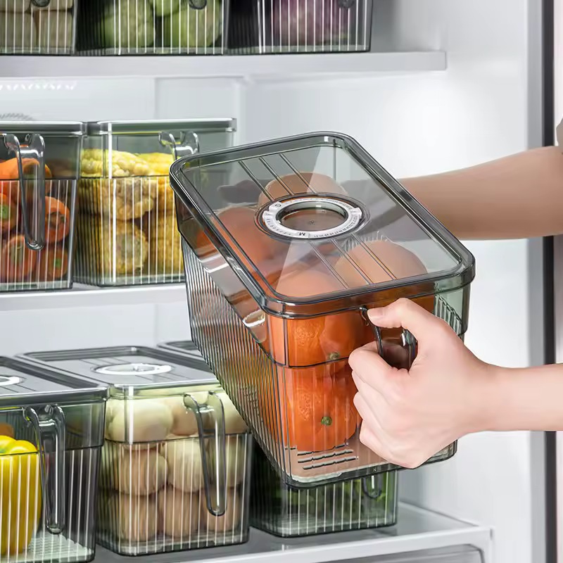 BPA-Free Sealed Refrigerator Container, Kitchen Produce Storage Box with Drain Basket & Date Timer, Large Capacity Fresh Keeper