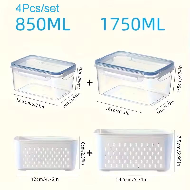 Fridge Food Storage Container Set with Lids with Strainer,Plastic Fresh Produce Saver Vegetable Fruit Meat Storage Organization